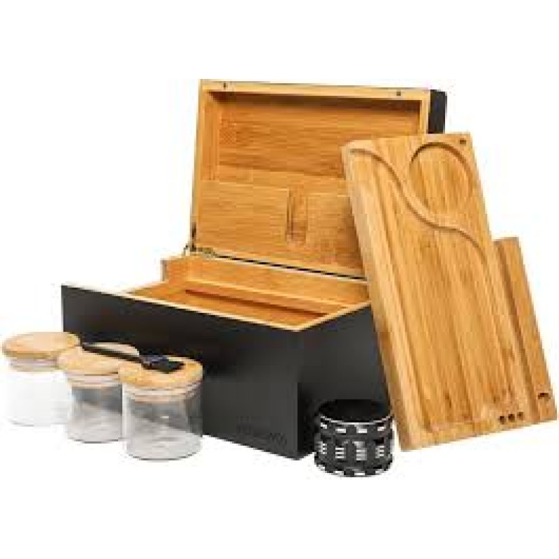 Bamboo Storage Box , Wooden Rolling Tray, Stash Jar, Herb Grinder 7 DESIGN | WDKIT200 -6681